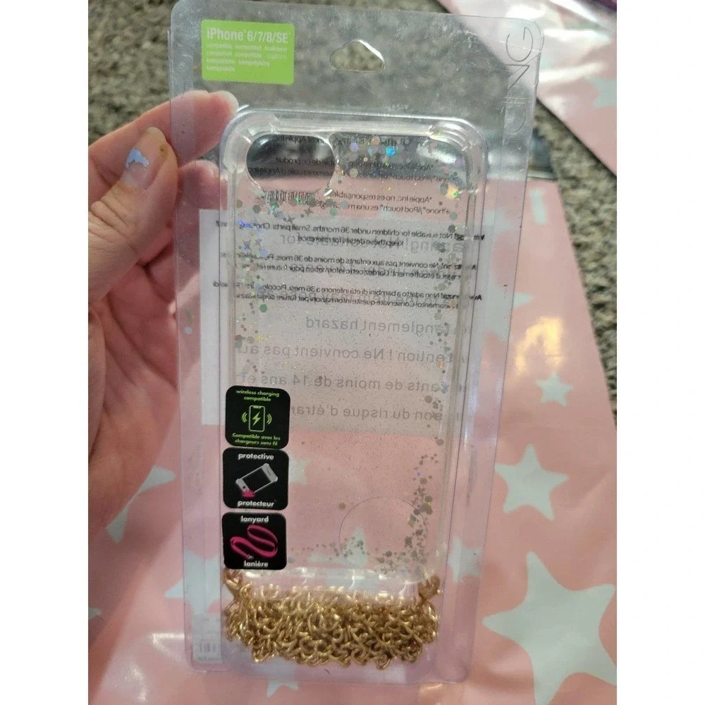 Iphone 6/7/8/SE case Clear With Floating Glitter With Strap Gold Chain Lanyard